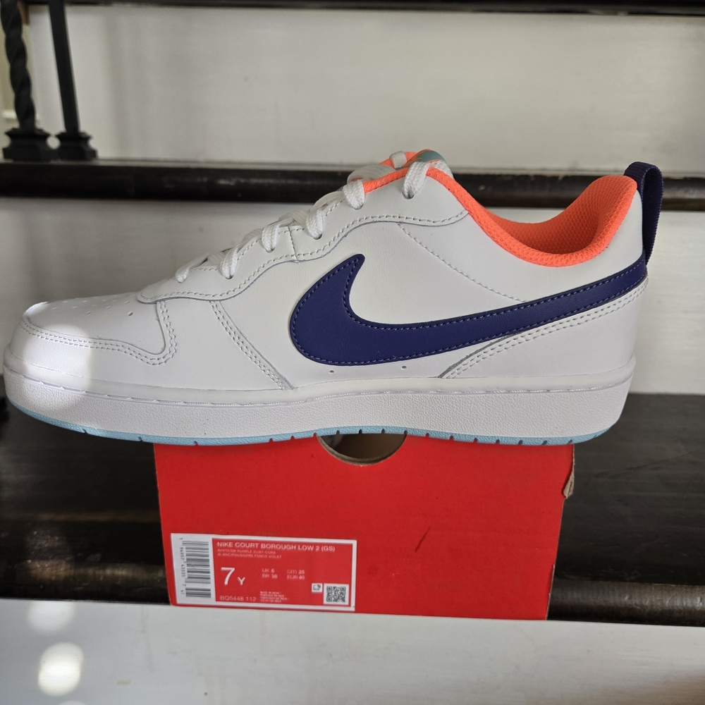 Nike Court Borough Low 2 Shoes - White and Blue 7y--8.5 Women - Picture 3 of 5